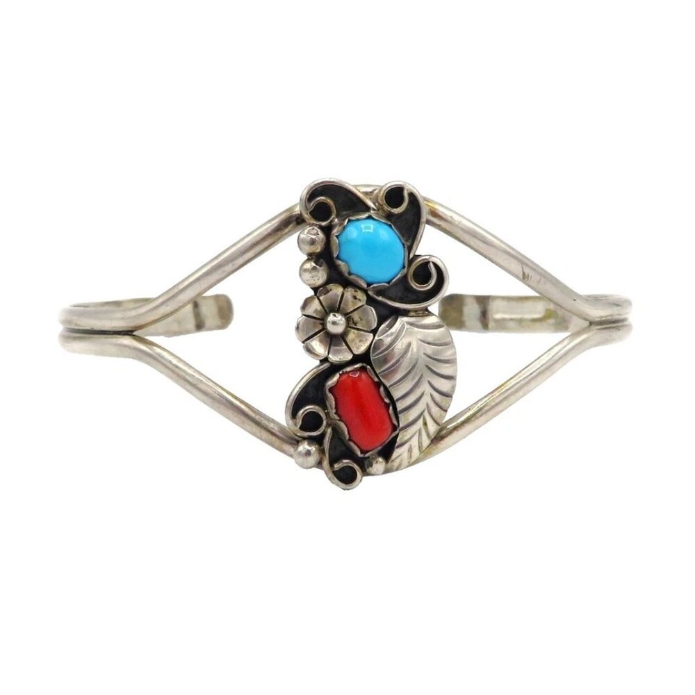 Vintage Mike Begay Navajo Sterling Silver Turquoise & Coral Flower Cuff Bracelet